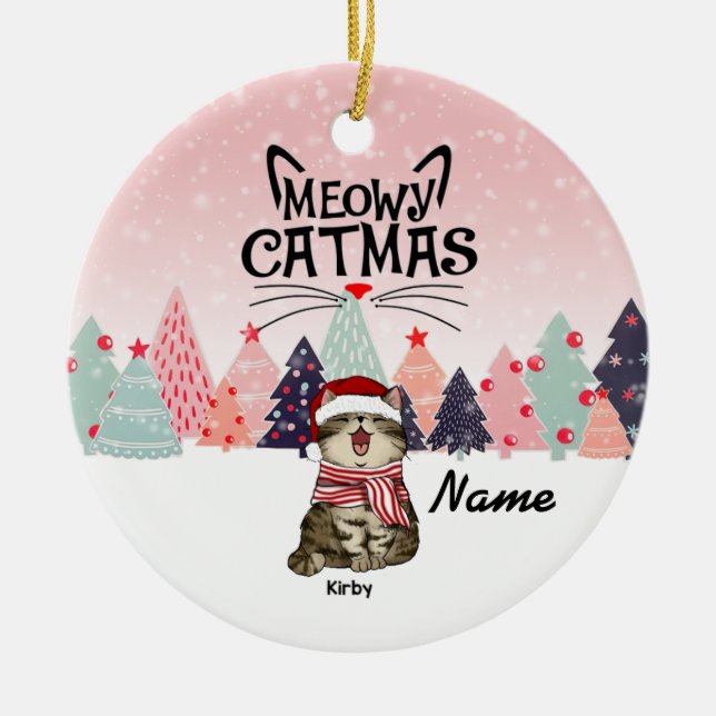 Personalized Cat Christmas Ornament, Meowy Xmas Ce Ceramic Ornament (Front)
