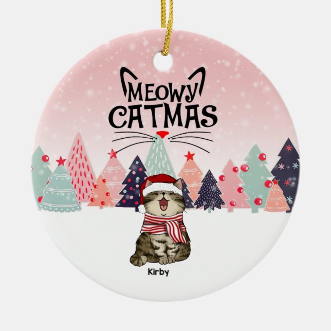 Personalized Cat Christmas Ornament, Meowy Xmas Ceramic Ornament (Front)