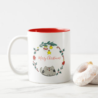 Personalized / Cat Christmas Wreath Two-Tone Coffee Mug
