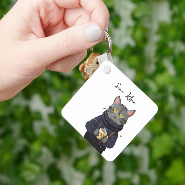 Personalized Cat Cool Black Cat with Coffee Keychain (Hand)