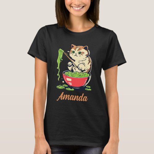 Personalized Cat Eating Green Ramen T_Shirt
