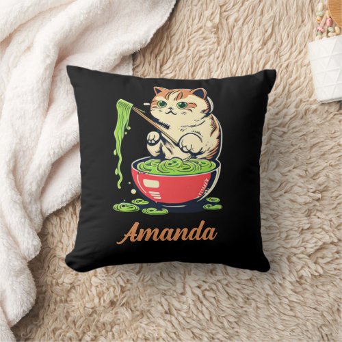 Personalized Cat Eating Green Ramen Throw Pillow
