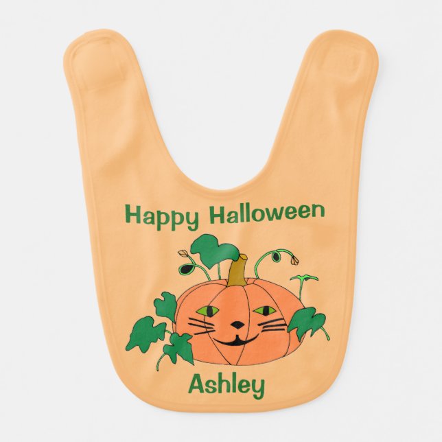 Personalized Cat Face Pumpkin Halloween Bibs (Front)