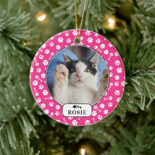 Personalized Cat Fish Bone  Pawprint Pet Photo Ce Ceramic Ornament