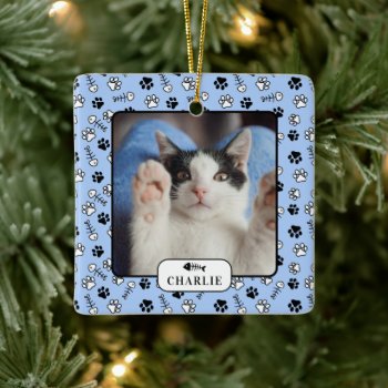 Personalized Cat Fish Bone & Pawprint Pet Photo Ce Ceramic Ornament by celebrateitornaments at Zazzle