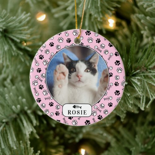 Personalized Cat Fish Bone  Pawprint Pet Photo Ce Ceramic Ornament