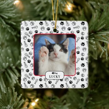 Personalized Cat Fish Bone & Pawprint Pet Photo  Ceramic Ornament by celebrateitornaments at Zazzle