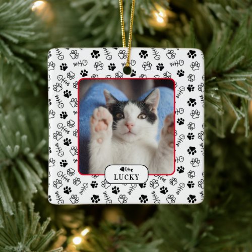 Personalized Cat Fish Bone  Pawprint Pet Photo  Ceramic Ornament