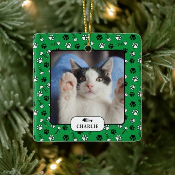 Personalized Cat Fish Bone & Pawprint Pet Photo   Ceramic Ornament by celebrateitornaments at Zazzle