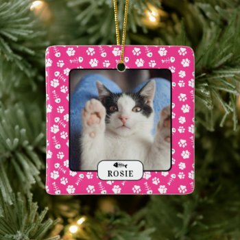 Personalized Cat Fish Bone & Pawprint Pet Photo  Ceramic Ornament by celebrateitornaments at Zazzle