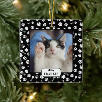 Personalized Cat Fish Bone & Pawprint Pet Photo Ceramic Ornament by celebrateitornaments at Zazzle