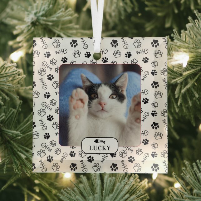 Personalized Cat Fish Bone & Pawprint Pet Photo Glass Ornament (Insitu)