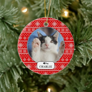 Personalized Cat Fish Red Snowflake Pet Photo  Ceramic Ornament by celebrateitornaments at Zazzle