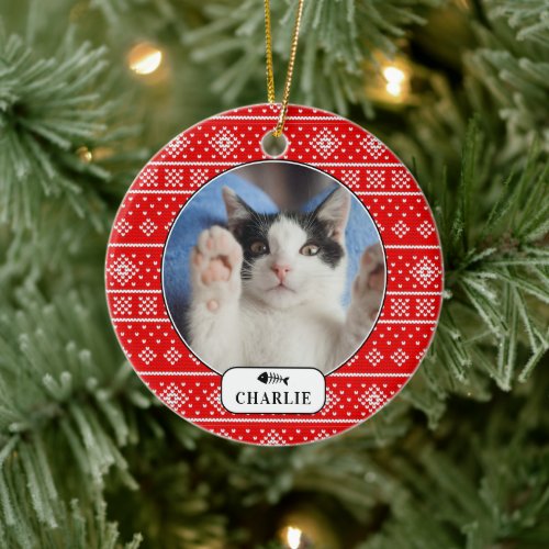 Personalized Cat Fish Red Snowflake Pet Photo  Ceramic Ornament