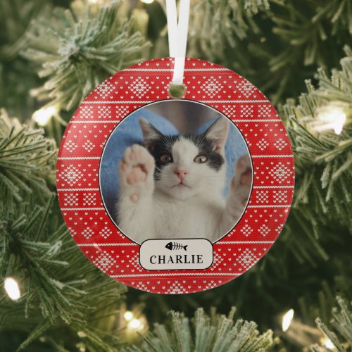 Personalized Cat Fish Red Snowflake Pet Photo Glass Ornament