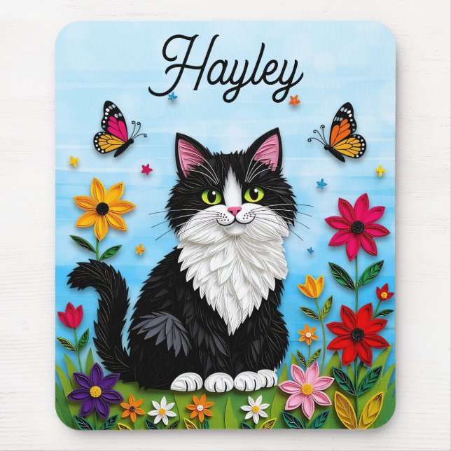 Personalized Cat, Flowers and Butterflies   Mouse Pad (Front)