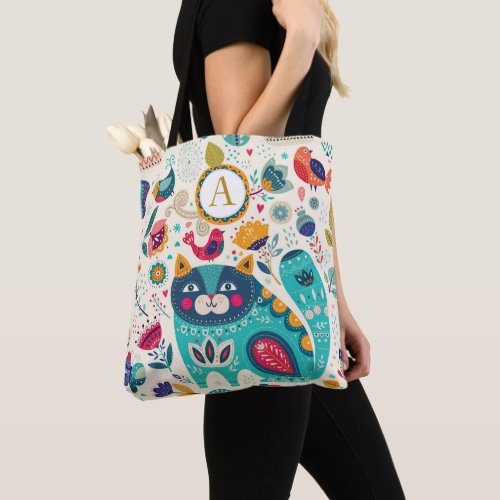 Personalized CAT Folk Art Decorative Birds Flowers Tote Bag