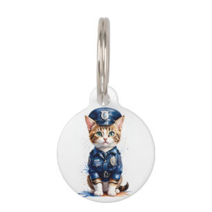 Personalized Cat in Police Uniform Watercolor Art Pet ID Tag