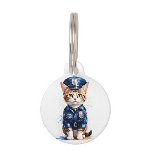 Personalized Cat in Police Uniform Watercolor Art Pet ID Tag