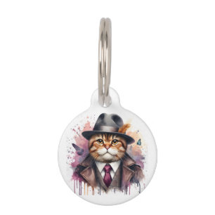 Personalized Cat in Suit Tie Jacket Hat Splatter Pet ID Tag