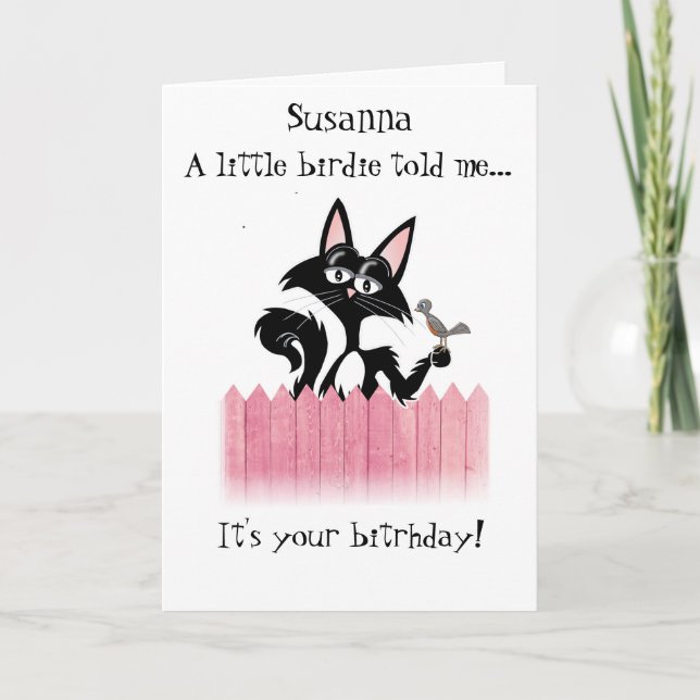 personalized cat little birdie told me... birthday card (Front)