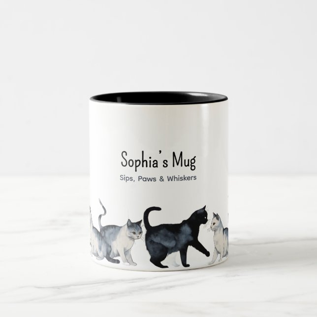 Personalized Cat Lover – Cute Black & Gray Cat Two-Tone Coffee Mug (Center)