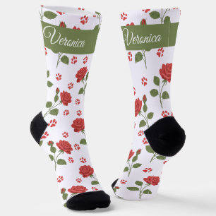 Personalized Cat Lover Socks with Name Red Roses