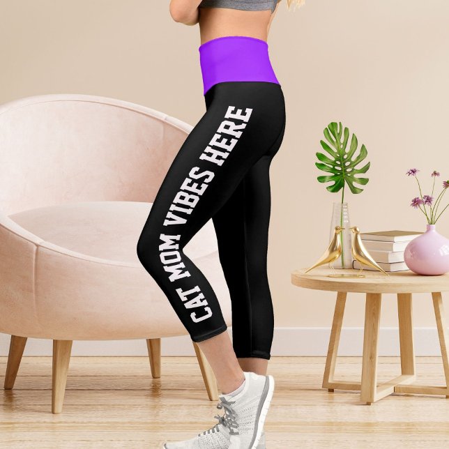 Personalized Cat Mom Vibes On Purple Black Stripes Capri Leggings (Creator Uploaded)