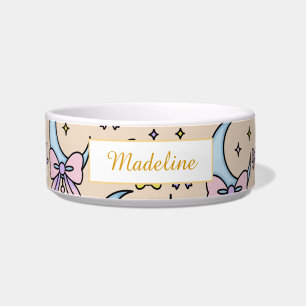 Personalized Cat Name Moon Peach Bows Bowl Ceramic