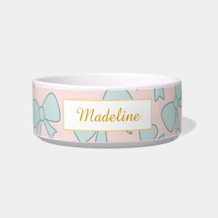 Personalized Cat Name Pastel Blue Bow Bowl Ceramic