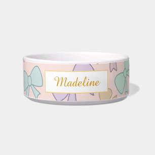 Personalized Cat Name Pastel Bows Bowl Ceramic