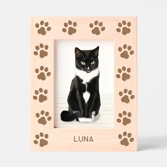 Personalized Cat Name Paw Prints Engraved Frames (Personalized Cat Name paw prints etched wooden photo frame for pet lovers)