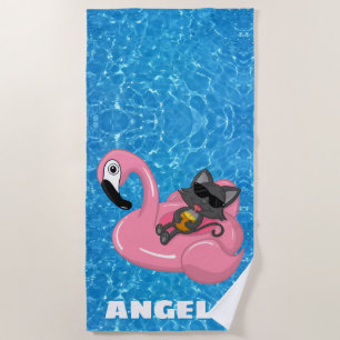 Personalized Cat on Flamingo Pool Name Beach Towel
