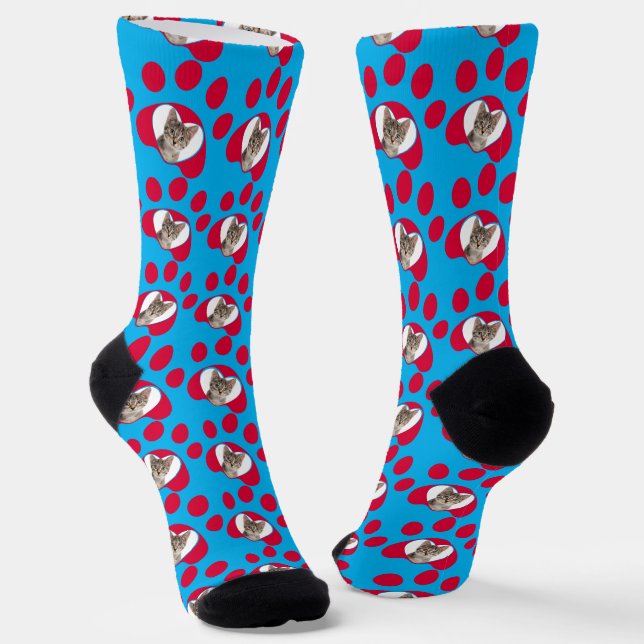 Personalized Cat or Dog Paw Photo Pattern Blue Socks (Angled)