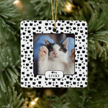 Personalized Cat & Pawprint Pet Photo Ceramic Ornament by celebrateitornaments at Zazzle