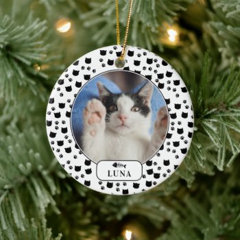 Personalized Cat & Pawprint Pet Photo  Ceramic Ornament by celebrateitornaments at Zazzle