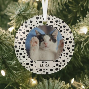 Personalized Cat & Pawprint Pet Photo Glass Ornament by celebrateitornaments at Zazzle