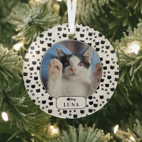 Personalized Cat  Pawprint Pet Photo Glass Ornament