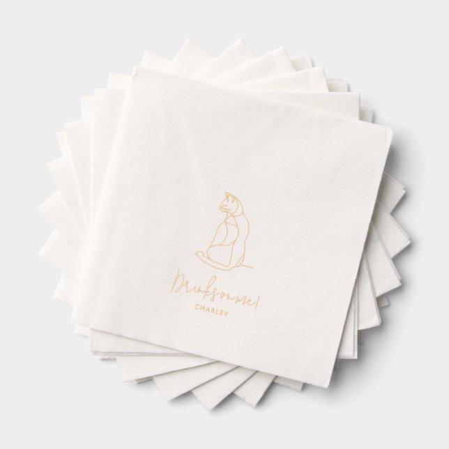 Personalized Cat Pet Illustration Wedding Gold Foil Napkins (Insitu (Stacked))