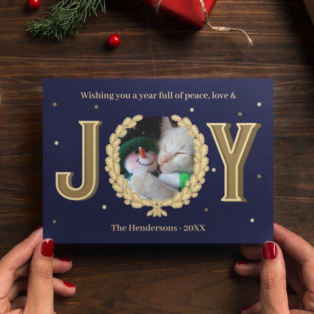 Personalized Cat Photo Blue Gold Joy Christmas Holiday Card (Personalized Cat Photo Blue Gold Joy Christmas Holiday Card
)