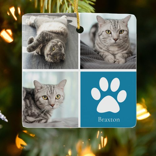 Personalized Cat Photo Collage Cute Blue Christmas Ceramic Ornament