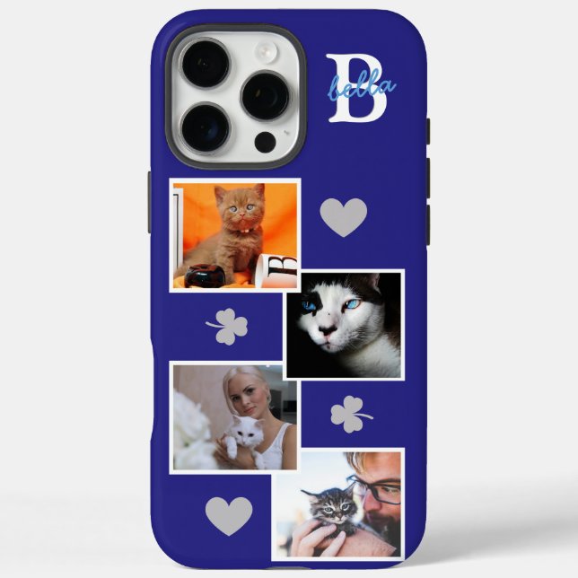 Personalized cat photo collage monogram blue Case-Mate iPhone case (Back)