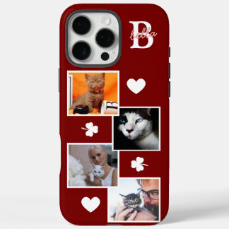Personalized cat photo collage monogram maroon iPhone 16 pro max case