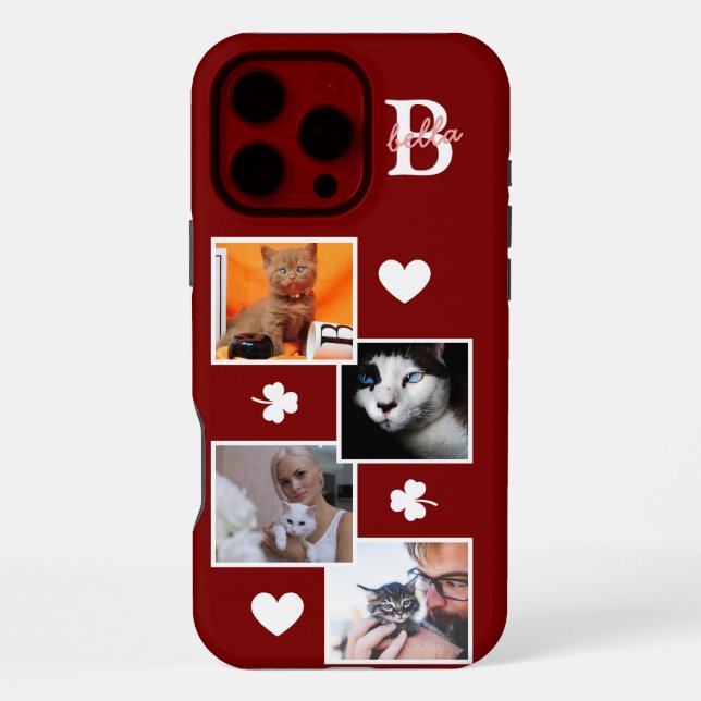 Personalized cat photo collage monogram maroon iphone case (Back)