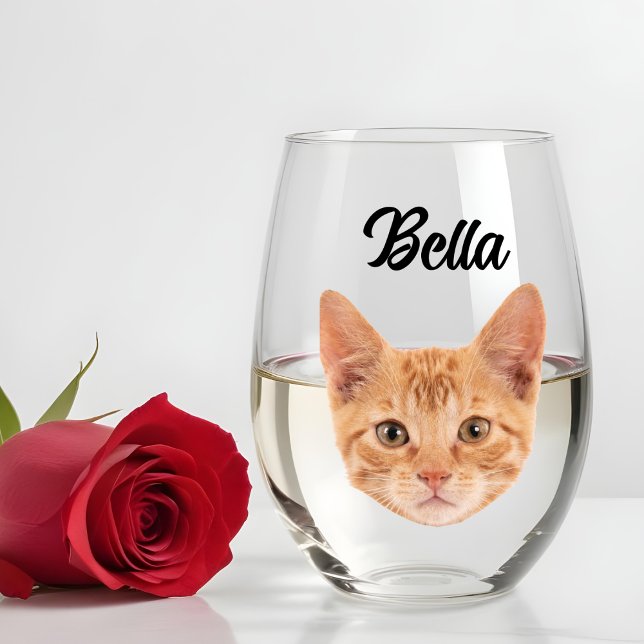 Personalized Cat Photo Custom Cat Mom Dad Gift Stemless Wine Glass (Creator Uploaded)