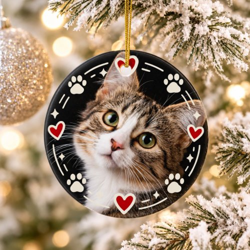 Personalized Cat Photo Cute Paw Prints &amp; Hearts Ceramic Ornament