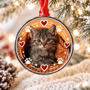 Personalized Cat Photo Cute Paw Prints & Hearts Metal Ornament