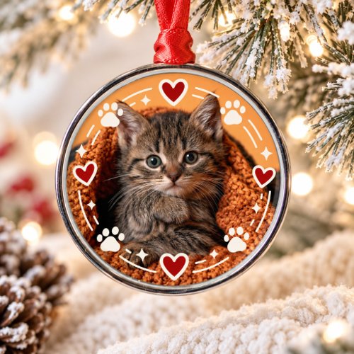 Personalized Cat Photo Cute Paw Prints &amp; Hearts Metal Ornament