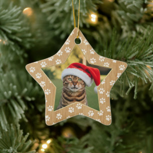 Personalized Cat Photo Star Pawprints Faux Wood Ceramic Ornament
