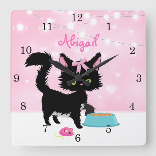 Personalized Cat Pink and White Girly Kitten Square Wall Clock